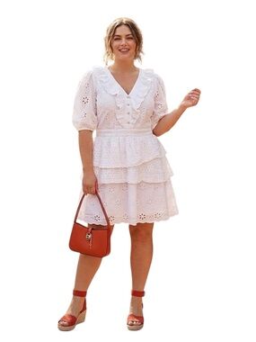 Walter Baker White Eyelet Tiered Ruffle Dress Puff Sleeve Size 12 NWT